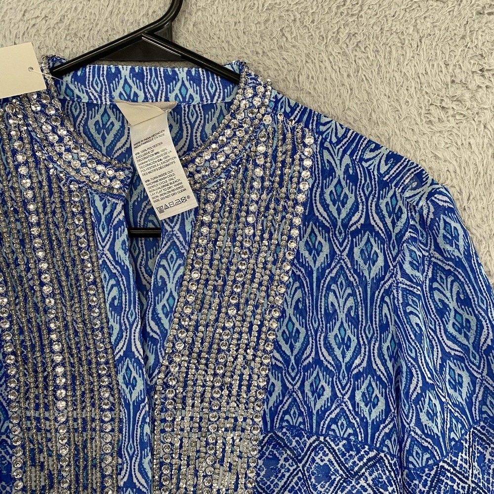 Chicos Beaded Tunic Top Womens 1/M Blue Geometric Sheer Embellished 3/4 Sleeve - Picture 4 of 16